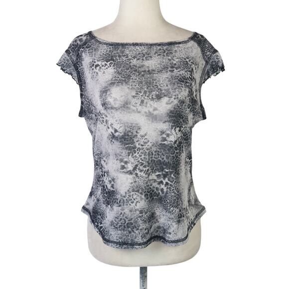 Vintage 90s/Y2K Grey Leopard Sheer Mesh Wide Boatneck Tee M - Picture 1 of 6